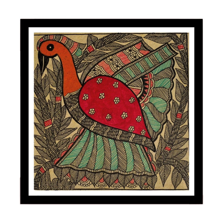 Beautiful Bird Madhubani Painting, Framed Art