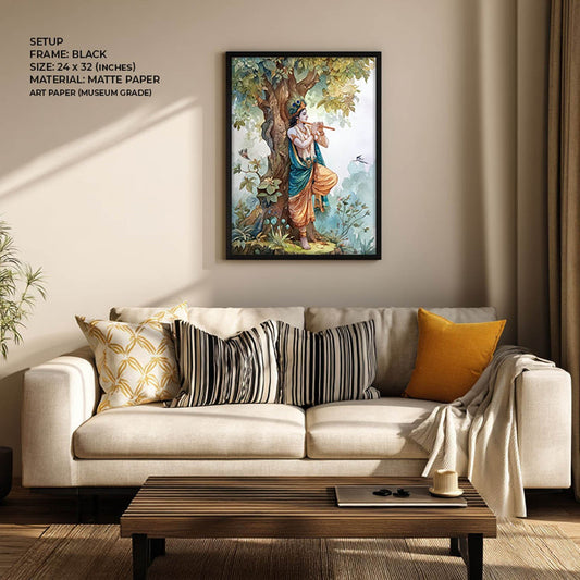 Lord Krishna Flute Painting under Tree – Vastu Wall Art