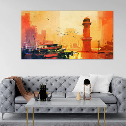 Lighthouse fishing boat sunset oil painting style Canvas Wall Painting for Living Room, Bedroom, Office.