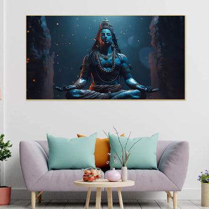 Blue lord Shiva sitting lotus position with word Shiva Canvas Wall Painting for Living Room, Bedroom, Office.