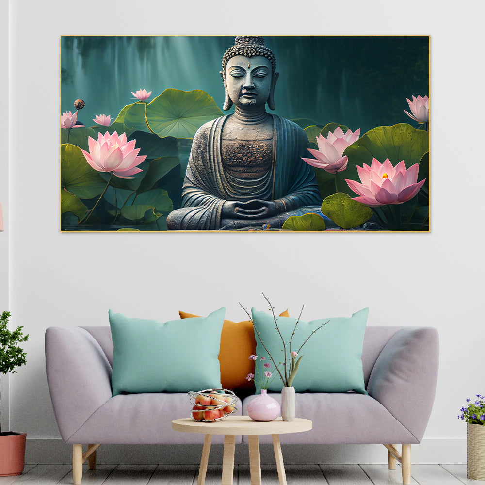 Buddhist meditates tranquil pond surrounded by lotus Canvas Wall Painting for Living Room, Bedroom, Office.
