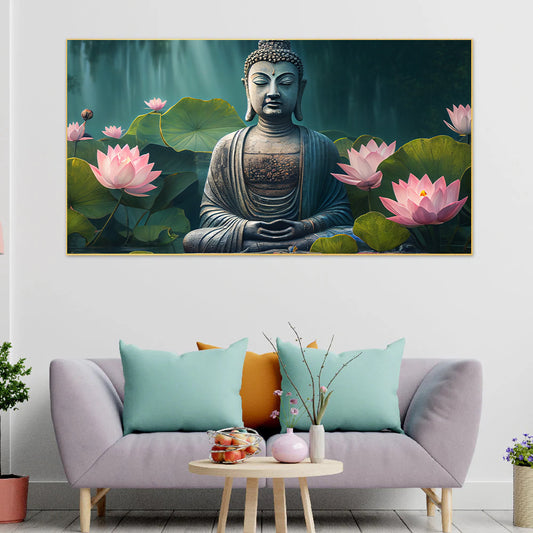 Buddhist meditates tranquil pond surrounded by lotus Canvas Wall Painting for Living Room, Bedroom, Office.