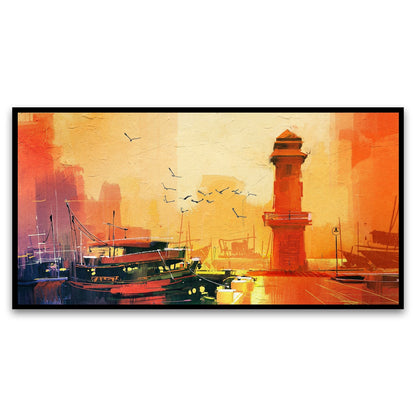 Lighthouse fishing boat sunset oil painting style Canvas Wall Painting for Living Room, Bedroom, Office.