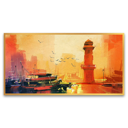 Lighthouse fishing boat sunset oil painting style Canvas Wall Painting for Living Room, Bedroom, Office.