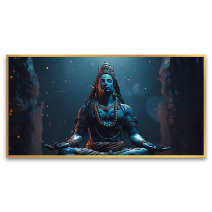 Blue lord Shiva sitting lotus position with word Shiva Canvas Wall Painting for Living Room, Bedroom, Office.