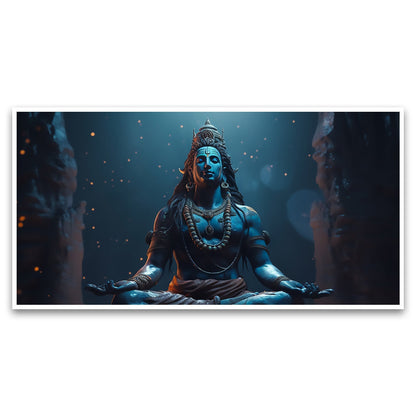 Blue lord Shiva sitting lotus position with word Shiva Canvas Wall Painting for Living Room, Bedroom, Office.