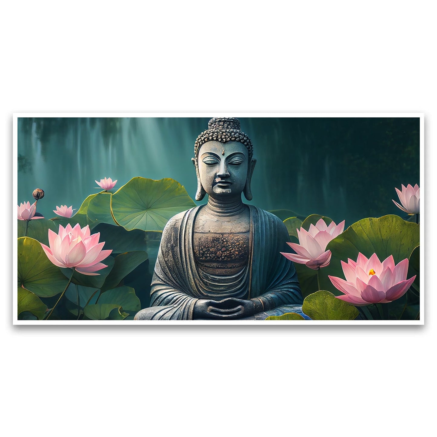 Buddhist meditates tranquil pond surrounded by lotus Canvas Wall Painting for Living Room, Bedroom, Office.