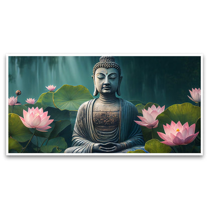 Buddhist meditates tranquil pond surrounded by lotus Canvas Wall Painting for Living Room, Bedroom, Office.