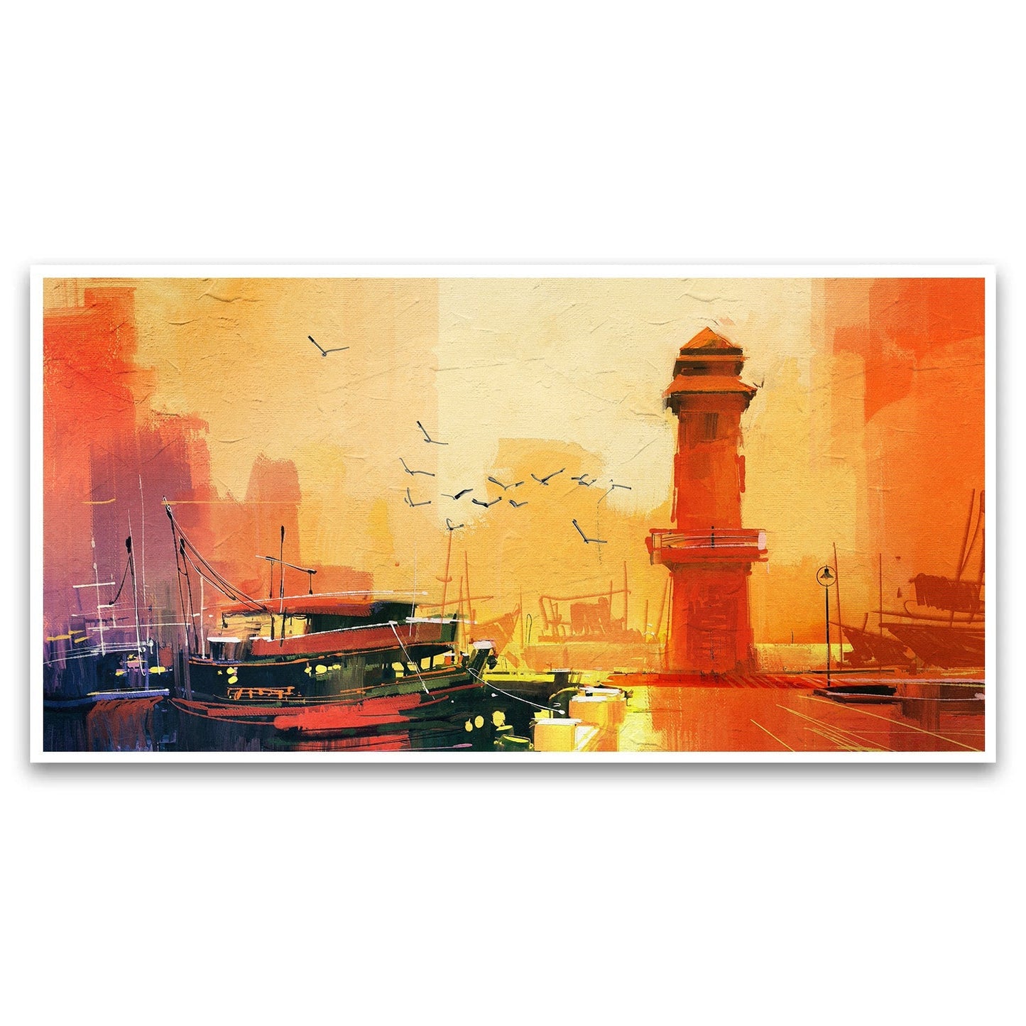 Lighthouse fishing boat sunset oil painting style Canvas Wall Painting for Living Room, Bedroom, Office.