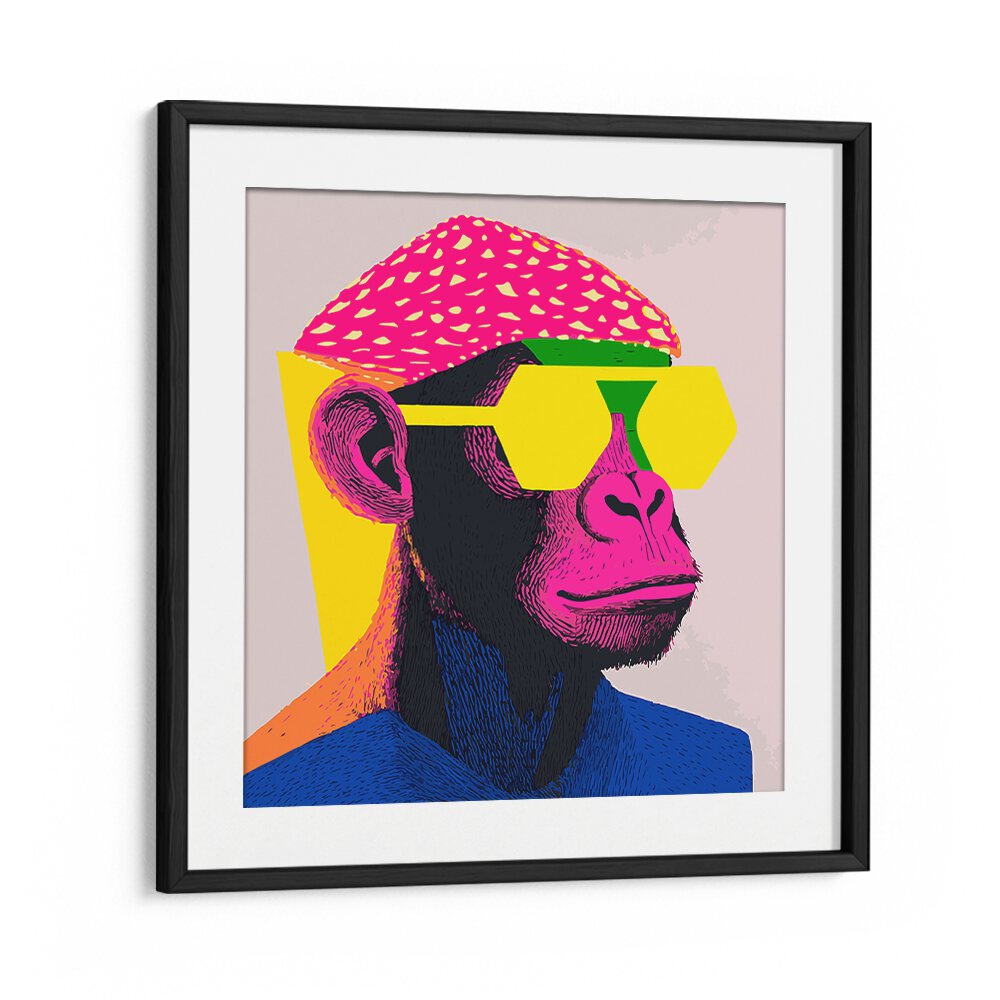 Vibrant COOL MONKEY, POP ART PAINTINGS in a stylish black frame, perfect for adding color to any space.