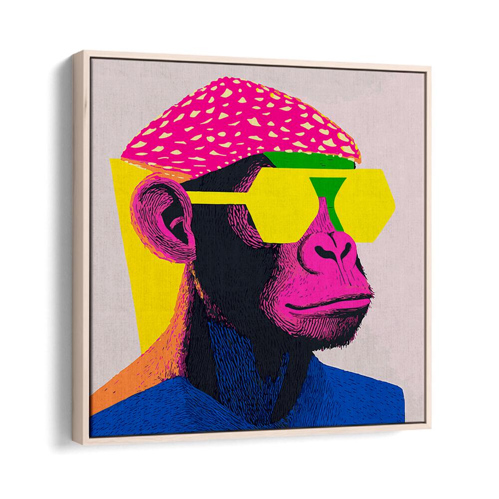 Vibrant COOL MONKEY, POP ART PAINTINGS in a stylish floater frame, perfect for adding color to any space.