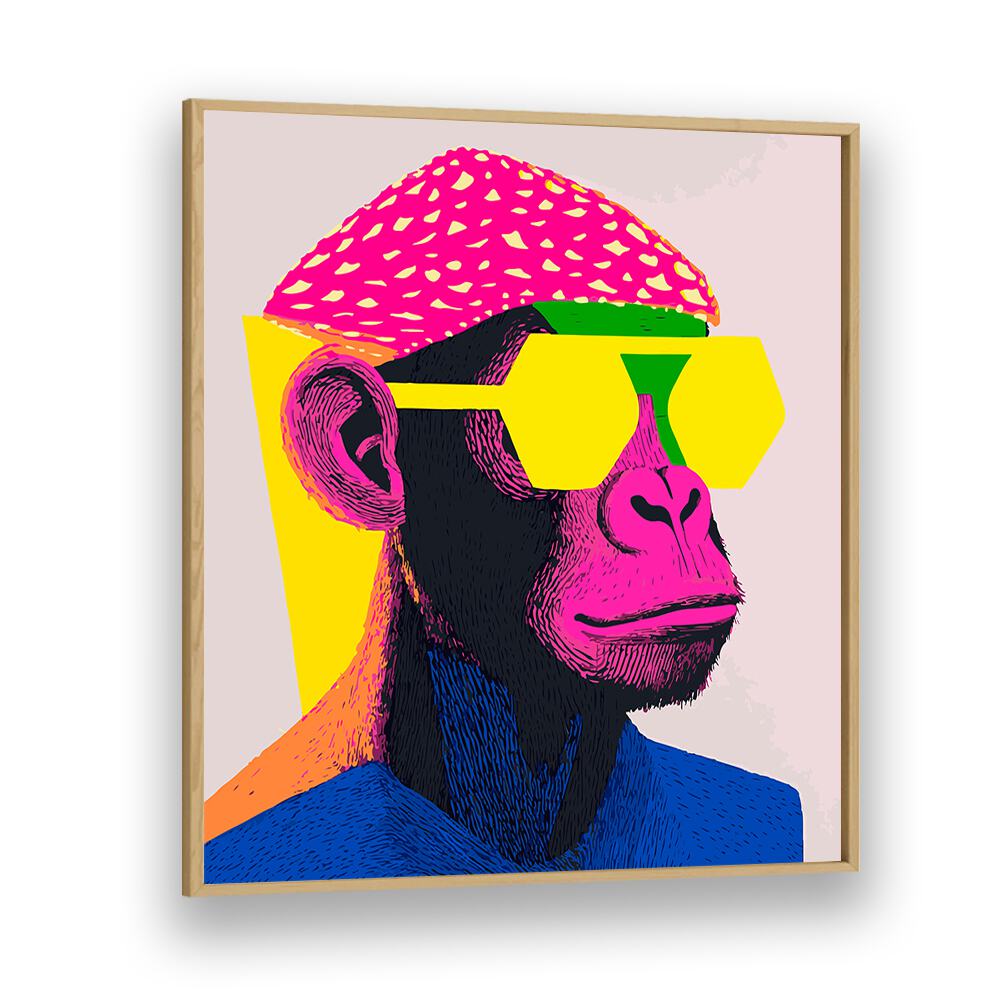 Vibrant COOL MONKEY, POP ART PAINTINGS in oak frame, perfect for adding color and personality to any space.