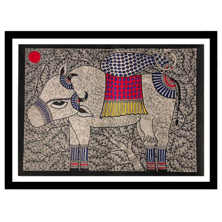 Beautiful Cow Madhubani Painting, Framed Art
