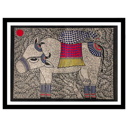 Beautiful Cow Madhubani Painting, Framed Art
