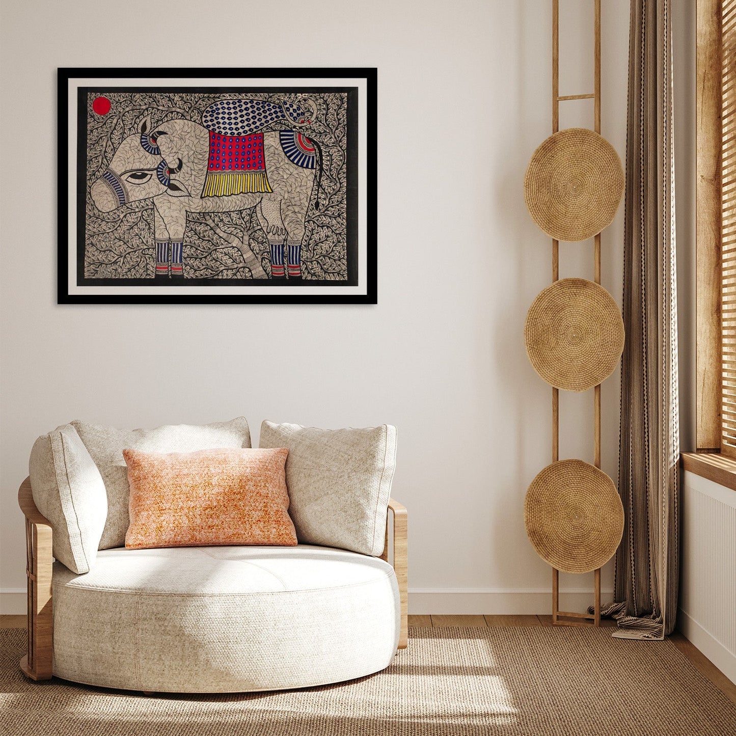 Beautiful Cow Madhubani Painting, Framed Art