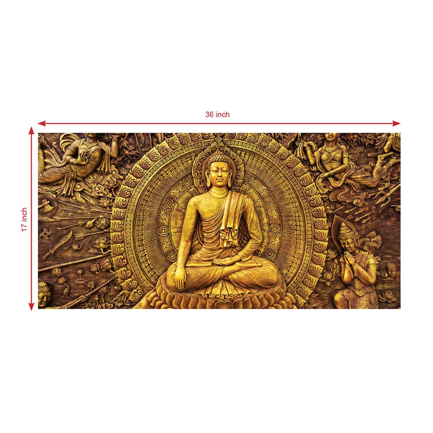 Golden Buddha Surrounded by Intricate Carvings of Celestial Beings