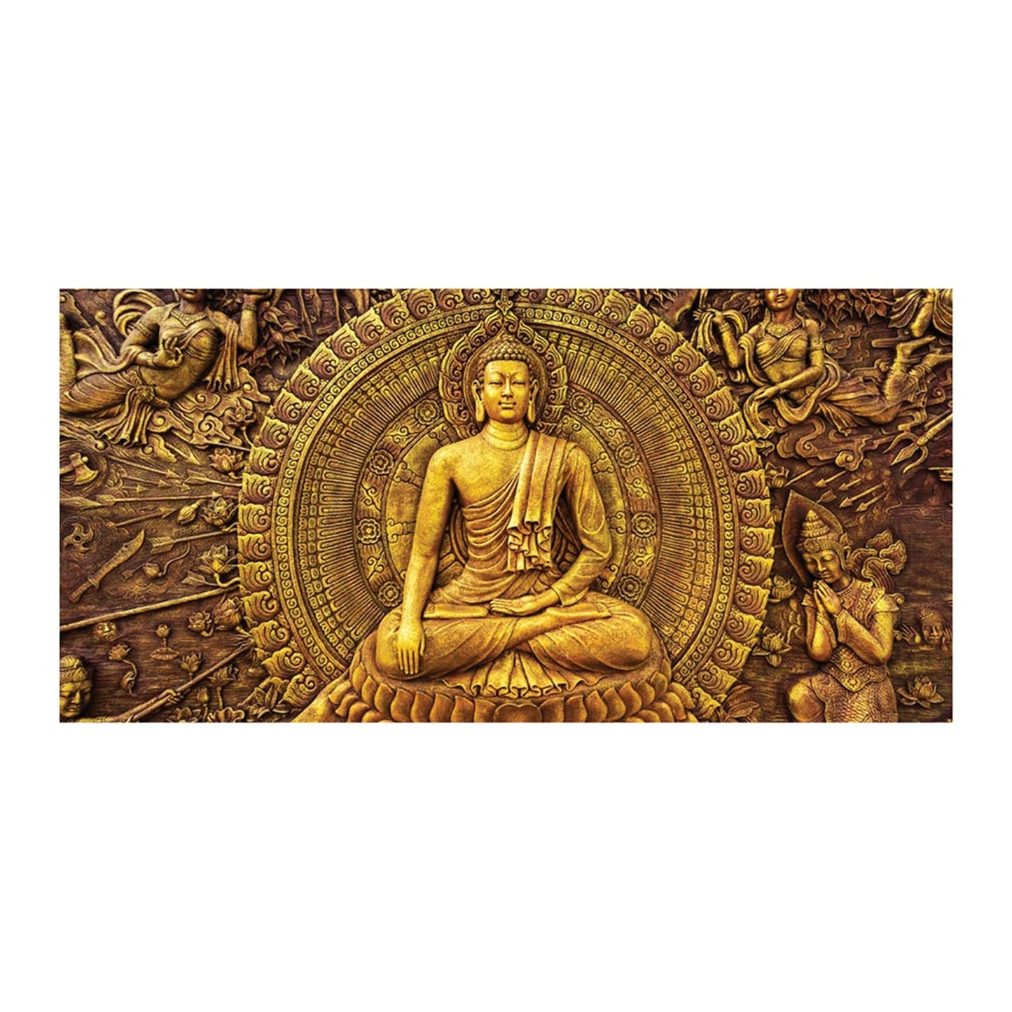 Golden Buddha Surrounded by Intricate Carvings of Celestial Beings