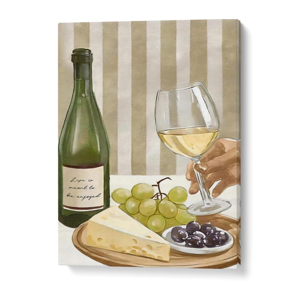 Elegant kitchen poster featuring wine, cheese, and grapes, embodying the mantra "LIFE IS MEANT TO BE ENJOYED."