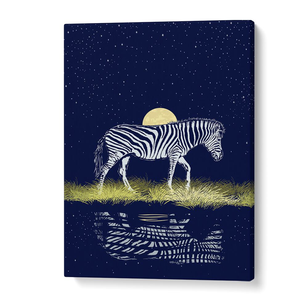 Stunning MOONRISING OVER ZEBRA, ANIMAL PAINTINGS showcasing a zebra under a glowing full moon and starry night.