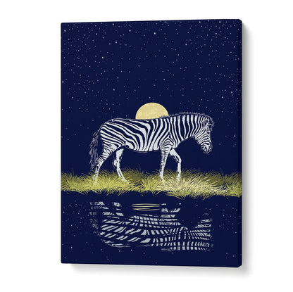 Stunning MOONRISING OVER ZEBRA, ANIMAL PAINTINGS showcasing a zebra under a glowing full moon and starry night.