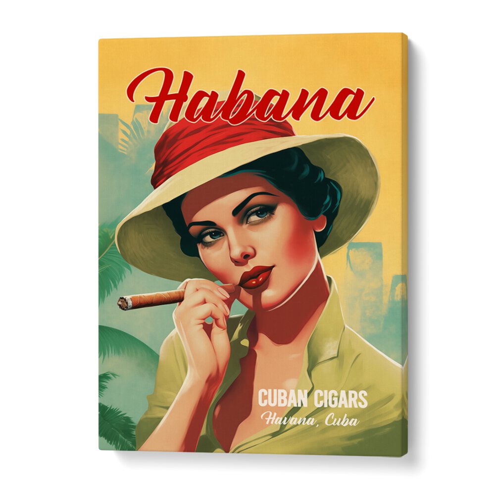 Vintage art featuring a woman with a cigar, celebrating HABANA - CUBAN CIGARS, BAR & CAFE heritage and style.
