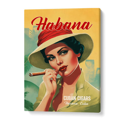 Vintage art featuring a woman with a cigar, celebrating HABANA - CUBAN CIGARS, BAR & CAFE heritage and style.