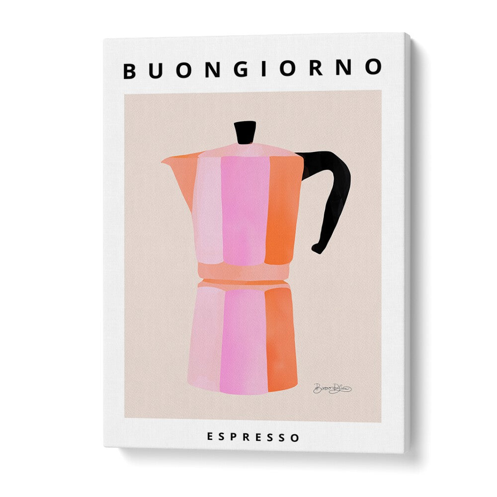 Colorful BUONGIORNO ESPRESSO, KITCHEN POSTERS featuring a stylish espresso maker, perfect for enhancing your kitchen decor.