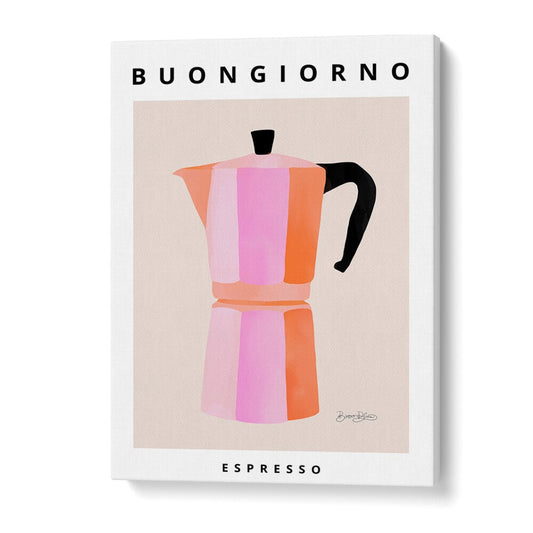 Colorful BUONGIORNO ESPRESSO, KITCHEN POSTERS featuring a stylish espresso maker, perfect for enhancing your kitchen decor.