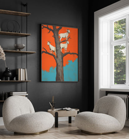 GOATS IN A TREE , ANIMAL PAINTINGS