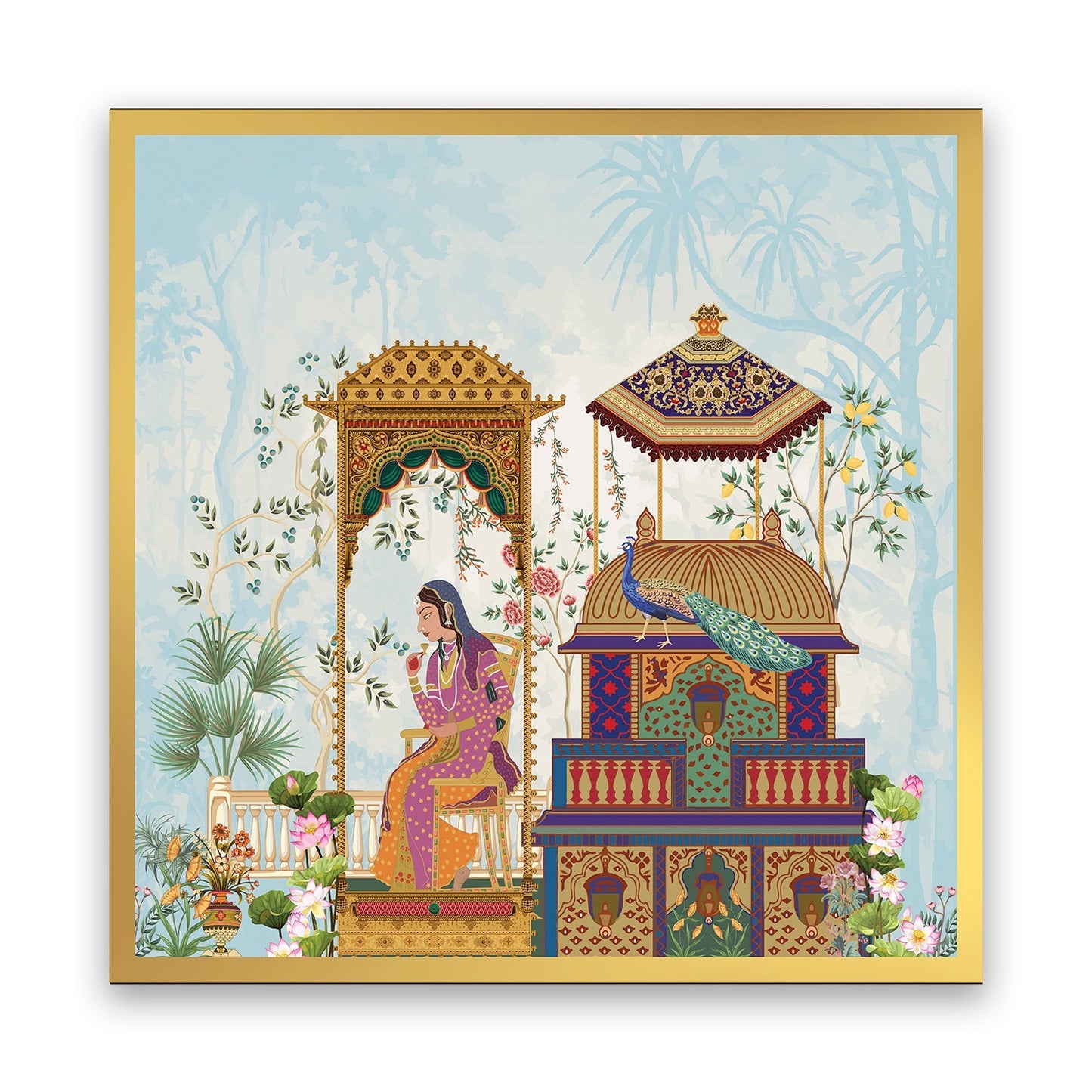 Noblewoman’s Moment of Reflection in an Ornate Pavilion