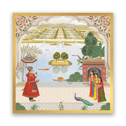 Royal Audience in a Majestic Courtyard Overlooking Serene Waters