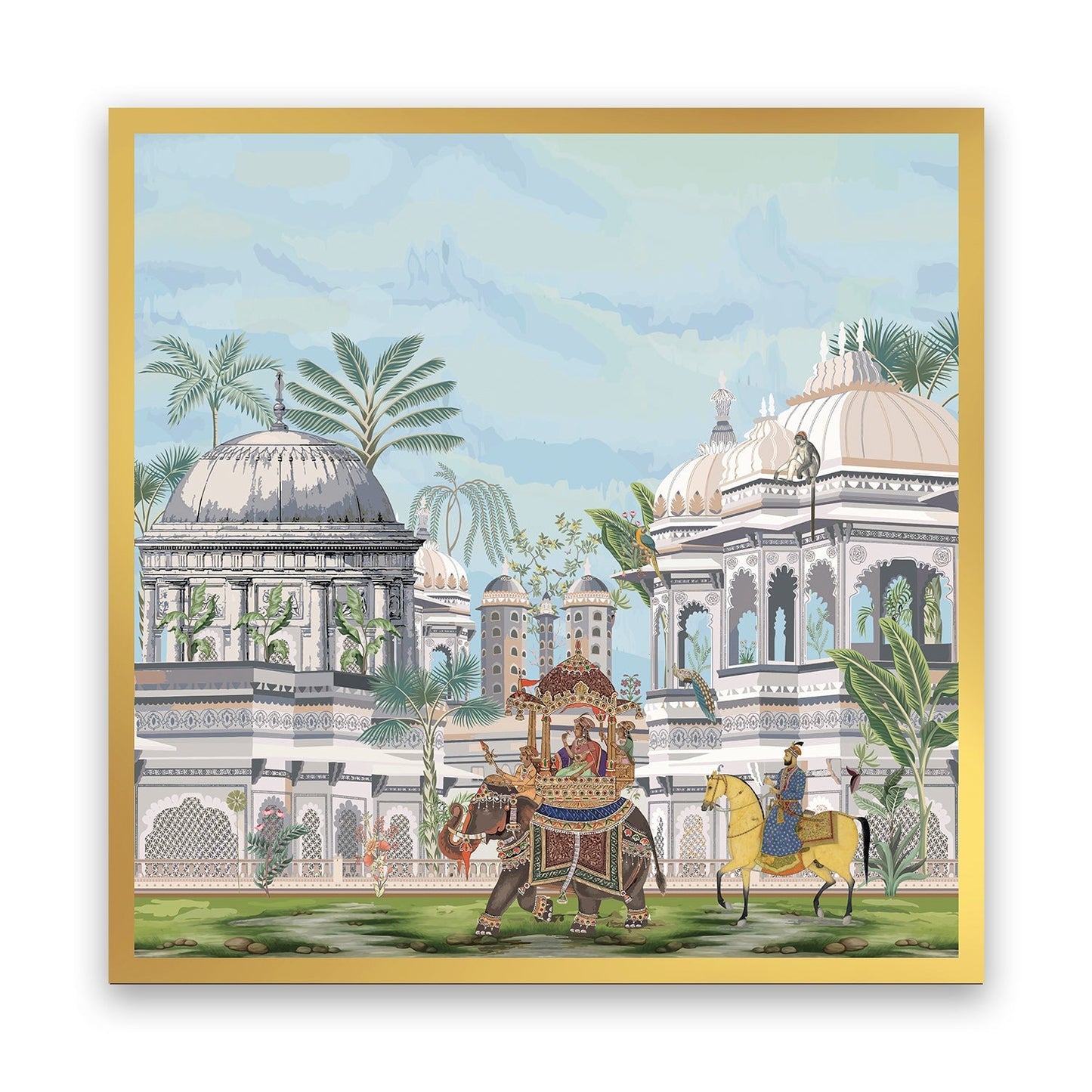 Royal Procession Amidst Majestic Palaces and Verdant Palm Trees