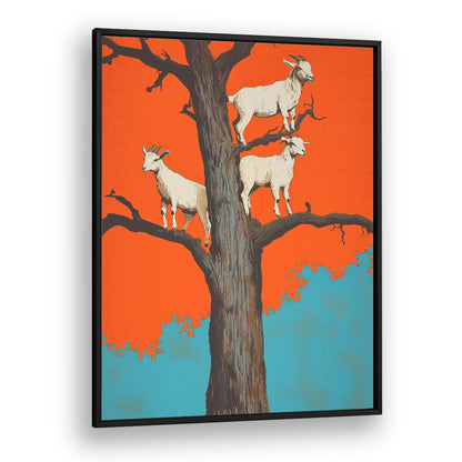 Whimsical GOATS IN A TREE, ANIMAL PAINTINGS showcasing goats perched on branches, perfect for home decor.