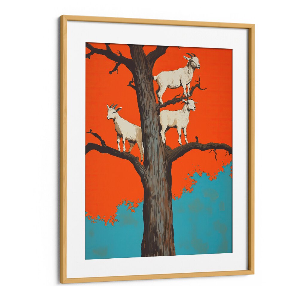 Whimsical GOATS IN A TREE, ANIMAL PAINTINGS framed art piece showcasing goats perched in a vibrant tree setting.