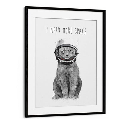 Whimsical cat in an astronaut helmet, featuring "I NEED MORE SPACE, FANTASY" from Balazs Solti's unique art collection.