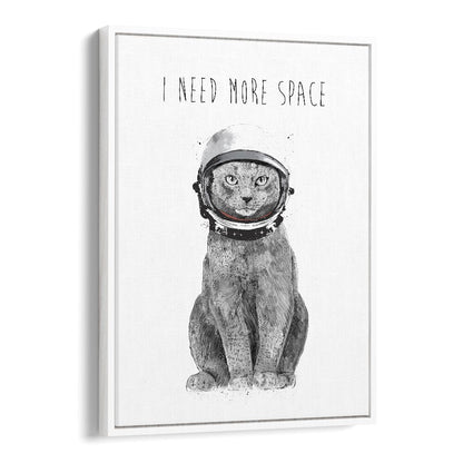 Whimsical cat in astronaut helmet with "I NEED MORE SPACE, FANTASY" text, perfect for space-themed decor by Balazs Solti.