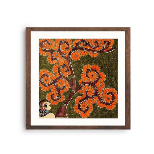 Blooming Tree Madhubani Painting, Framed Art