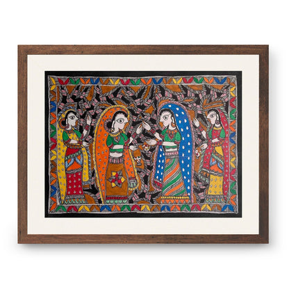 Radha with Gopis madhubani, Madhubani Art, Madhubani Painting