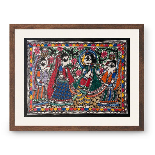 Krishna Dancing with Gopis, Madhubani Art, Madhubani Painting