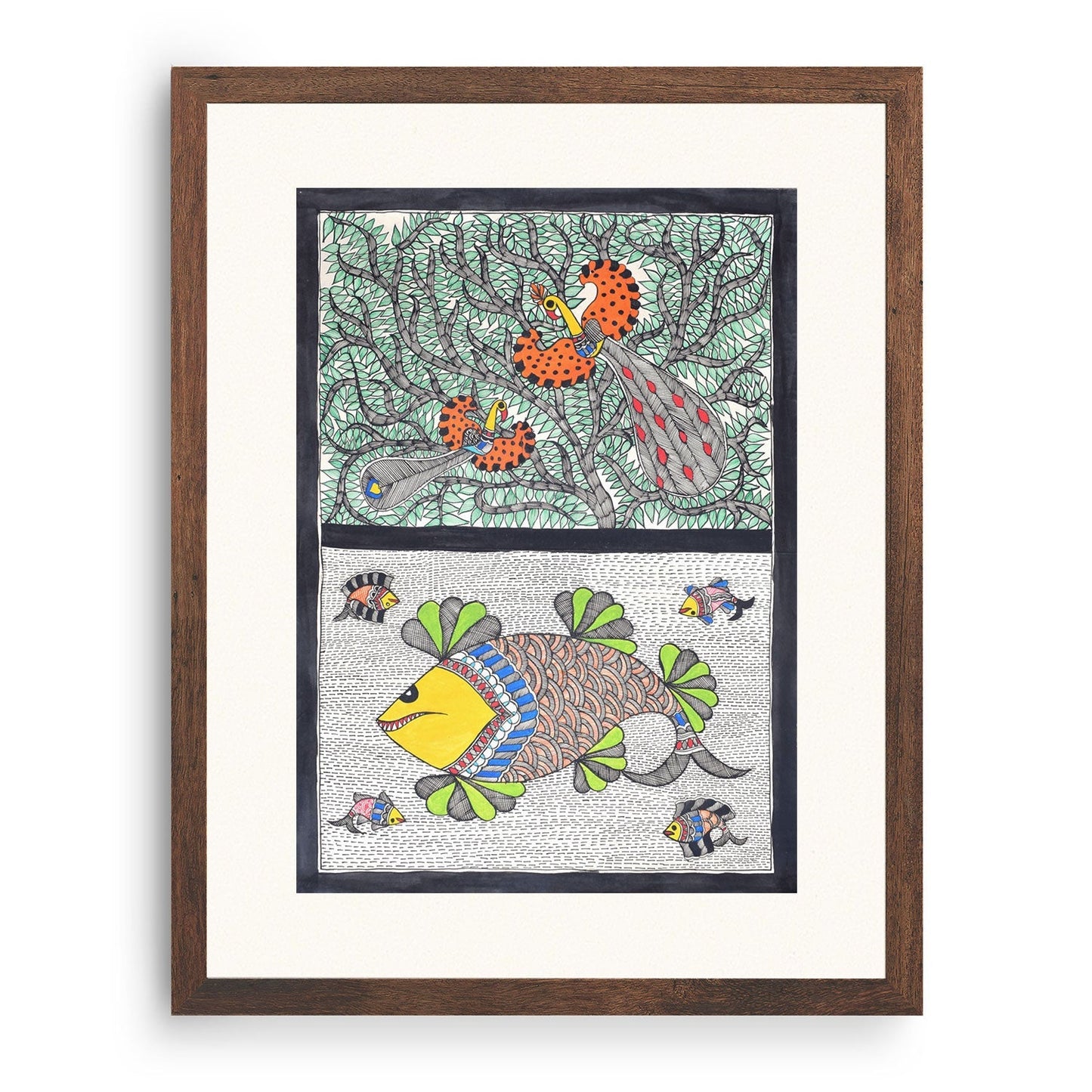 Peacock fish combination Madhubani Painting, Madhubani Art, Madhubani Painting