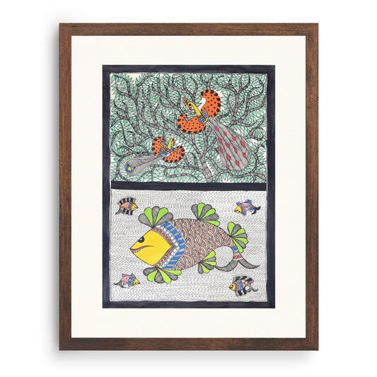 Peacock fish combination Madhubani Painting, Madhubani Art, Madhubani Painting