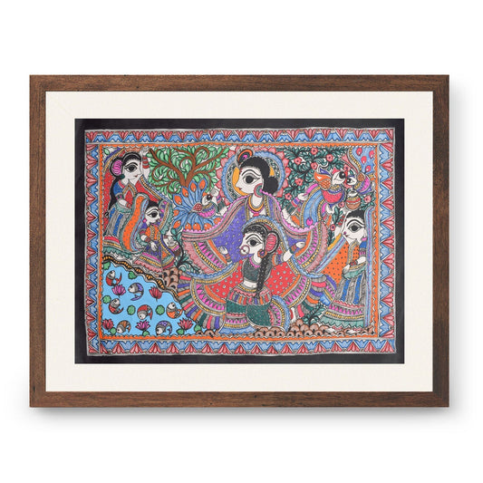 Radha krishna at the river coast, Madhubani Art, Madhubani Painting