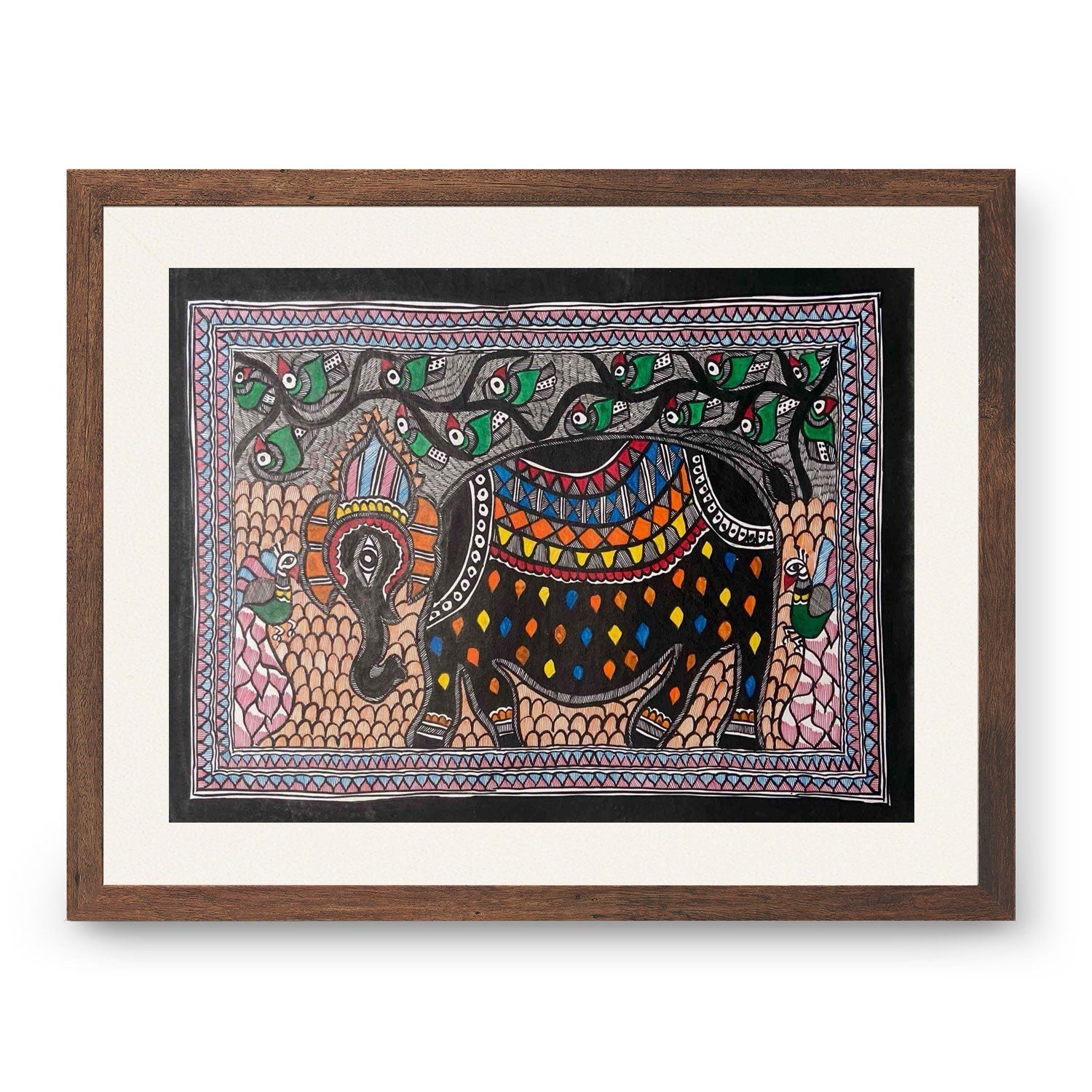 Elephant with Peacock , Madhubani Art, Madhubani Painting