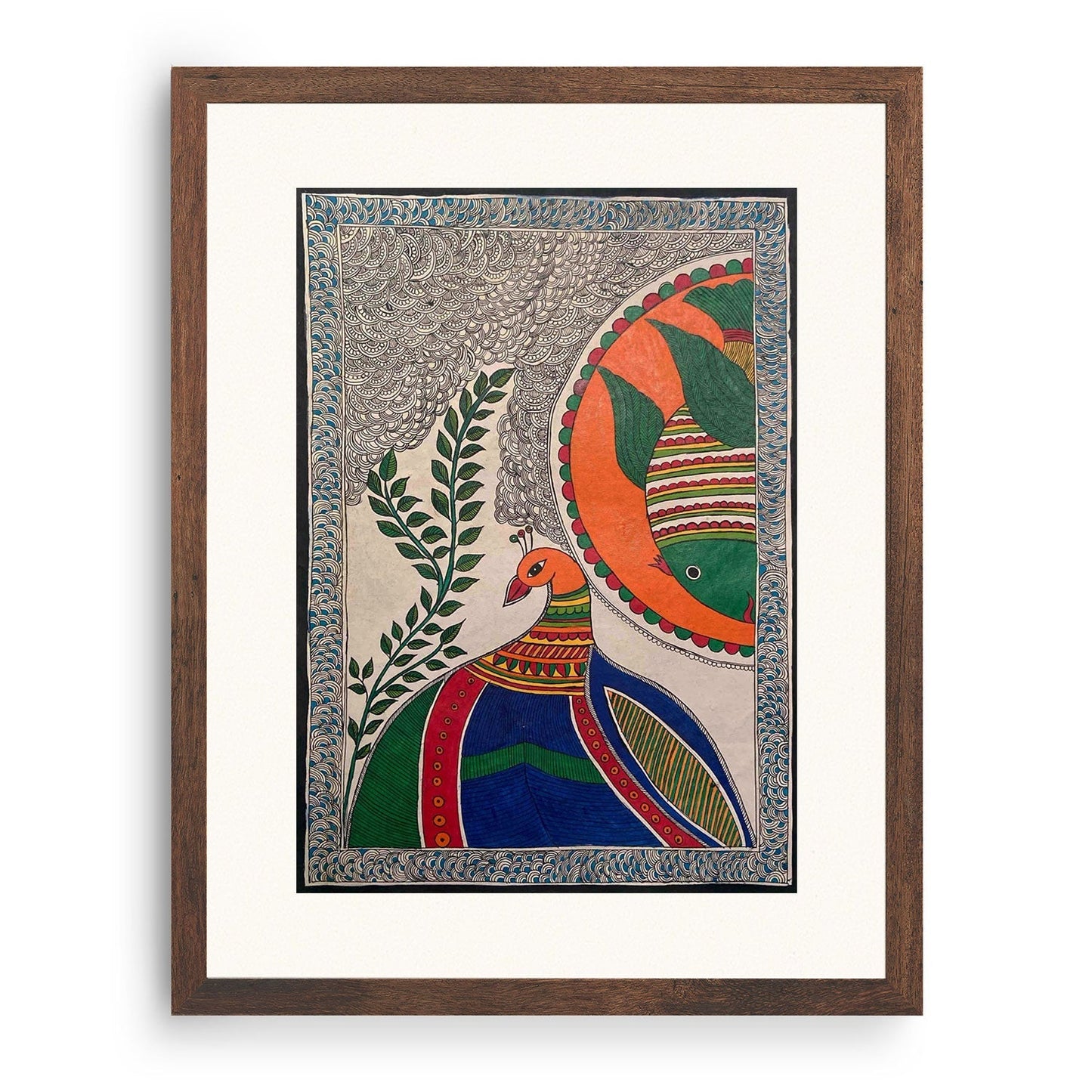 The Peacock with fish, Madhubani Art, Madhubani Painting