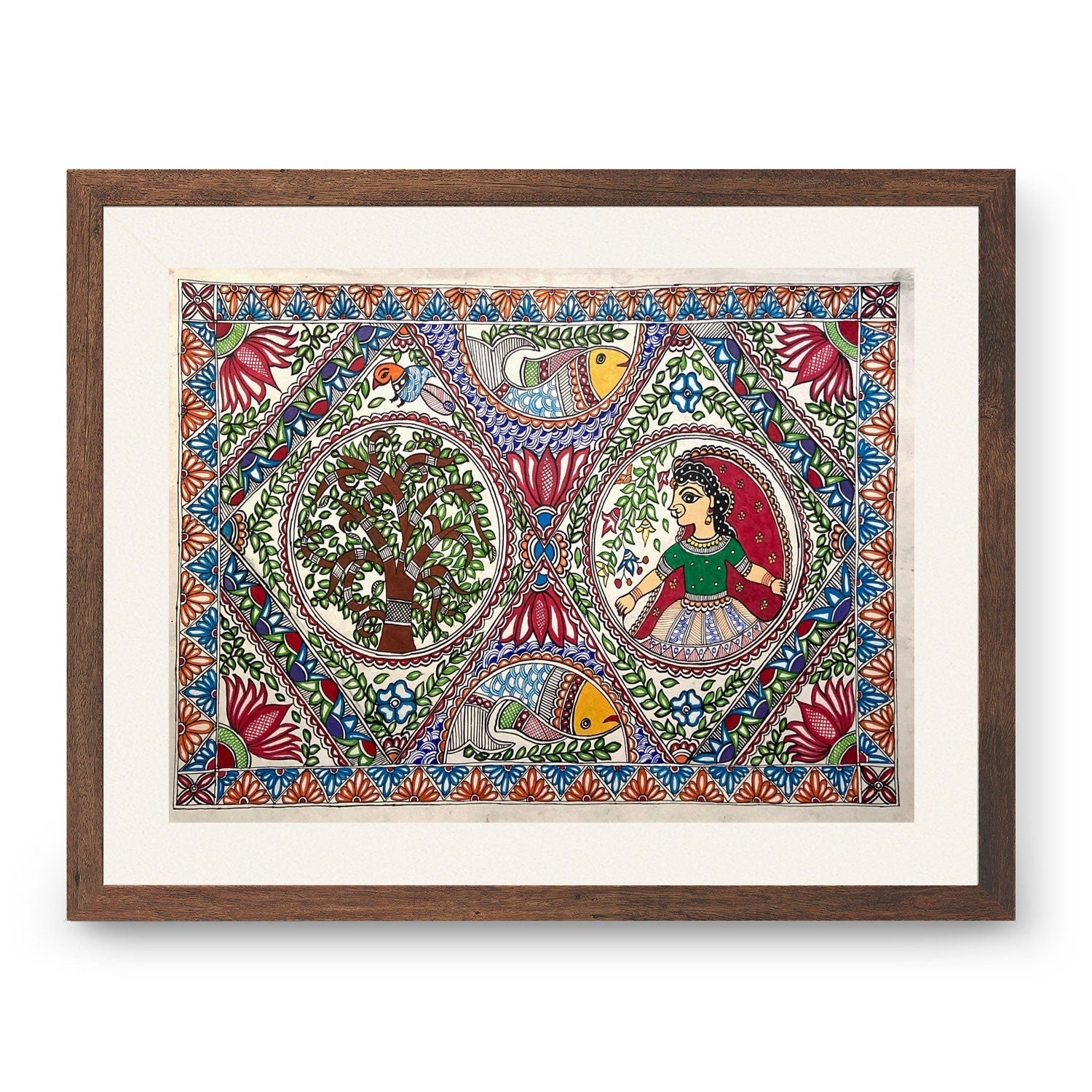 The Lady with fish and tree madhubani, Madhubani Art, Madhubani Painting