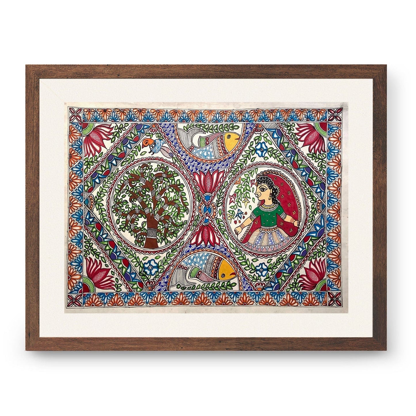 The Lady with fish and tree madhubani, Madhubani Art, Madhubani Painting