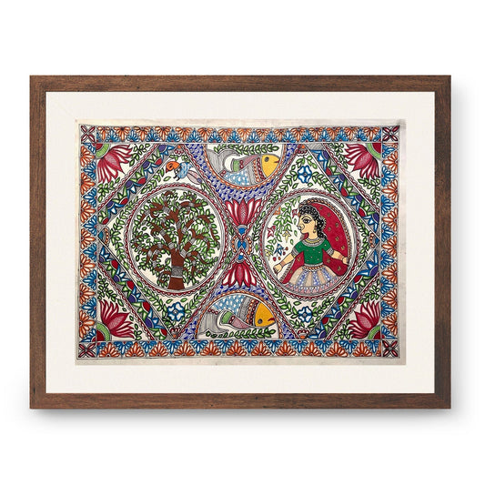 The Lady with fish and tree madhubani, Madhubani Art, Madhubani Painting