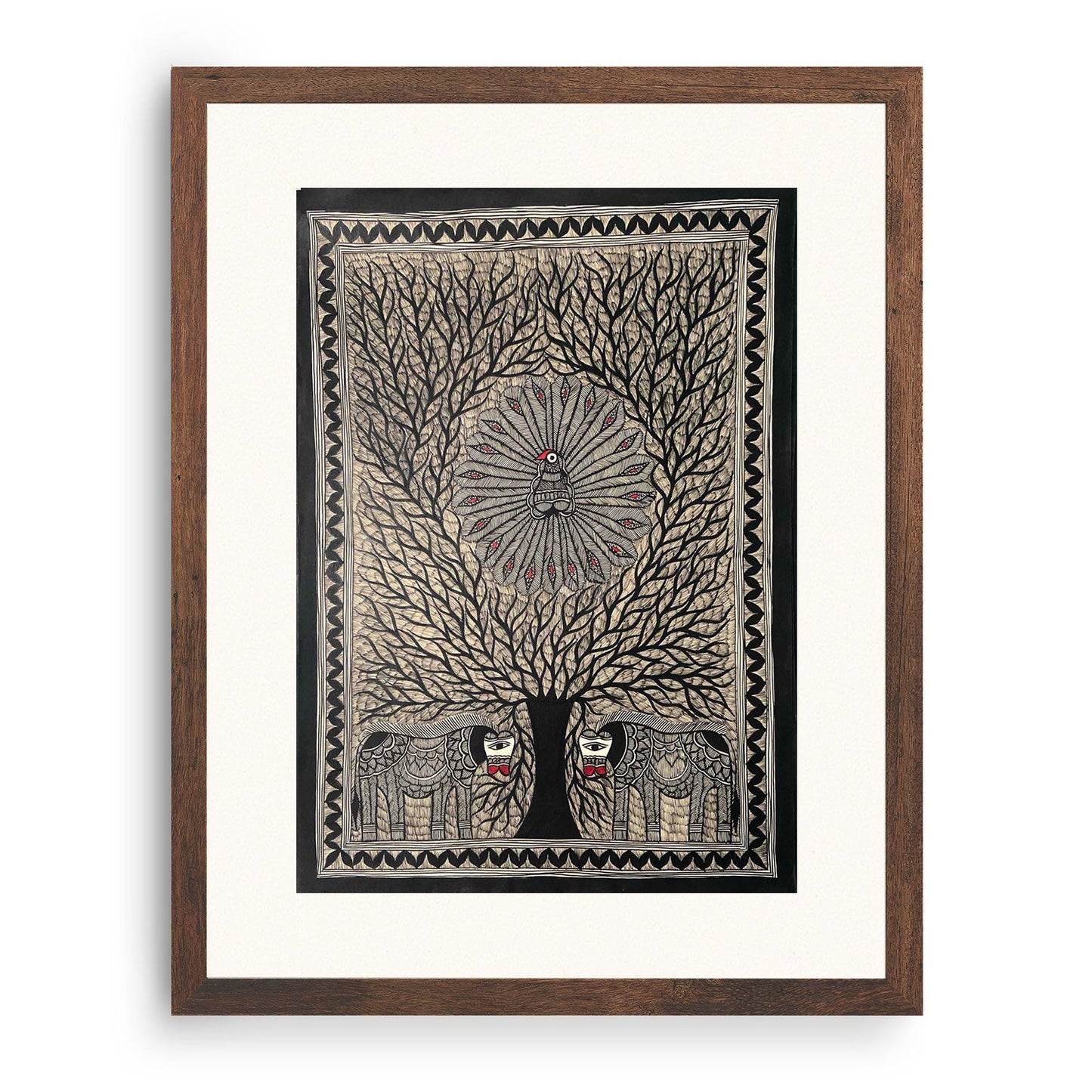 Life of Tree with Peacock and Elephant, Madhubani Art, Madhubani Painting