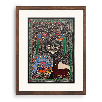 Life of Tree and Peacock Deer, Madhubani Art, Madhubani Painting