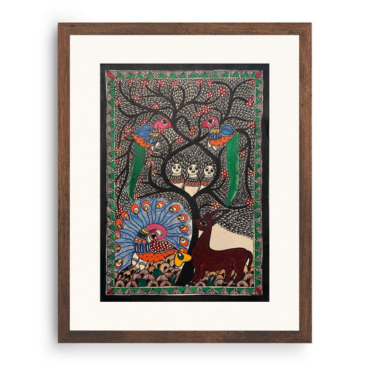 Life of Tree and Peacock Deer, Madhubani Art, Madhubani Painting